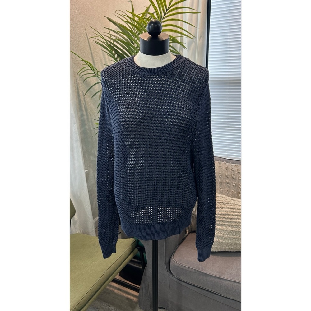 Steven Alan Men’s Sweater Size Small Crewneck Gray Open Weave Navy Pullover